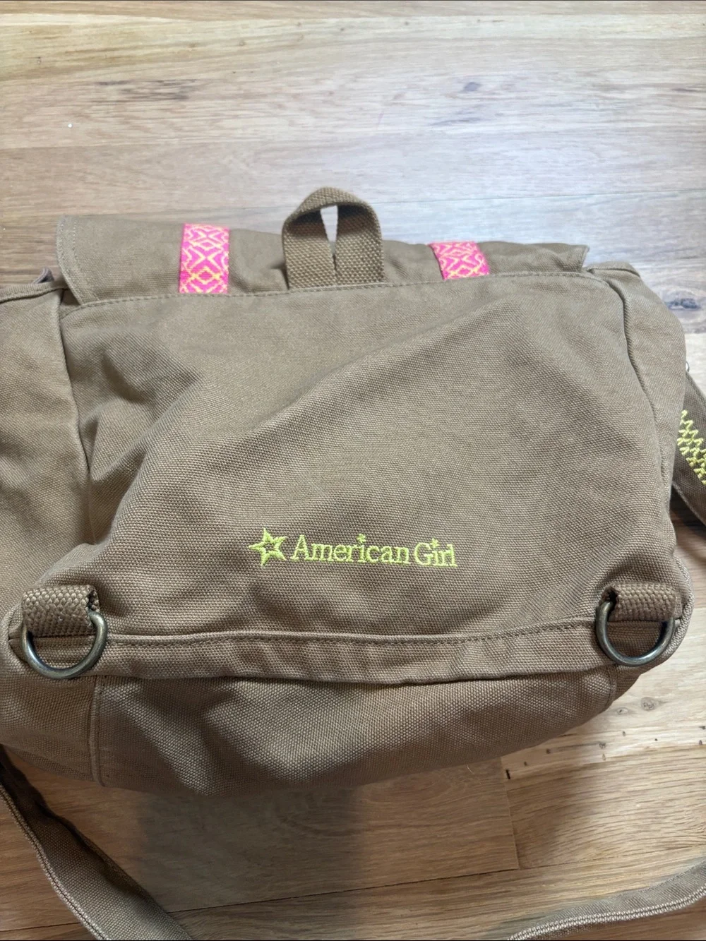 American Girl Brown Canvas Crossbody with Pink Patterned Straps